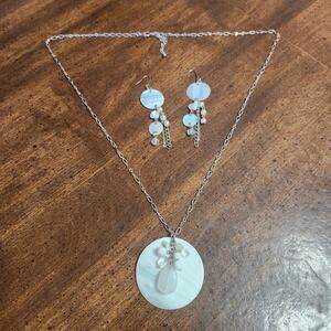 Mother Of Pearl Shell Necklace Earrings Set Silver Tone Faux Bead Boho Dangle